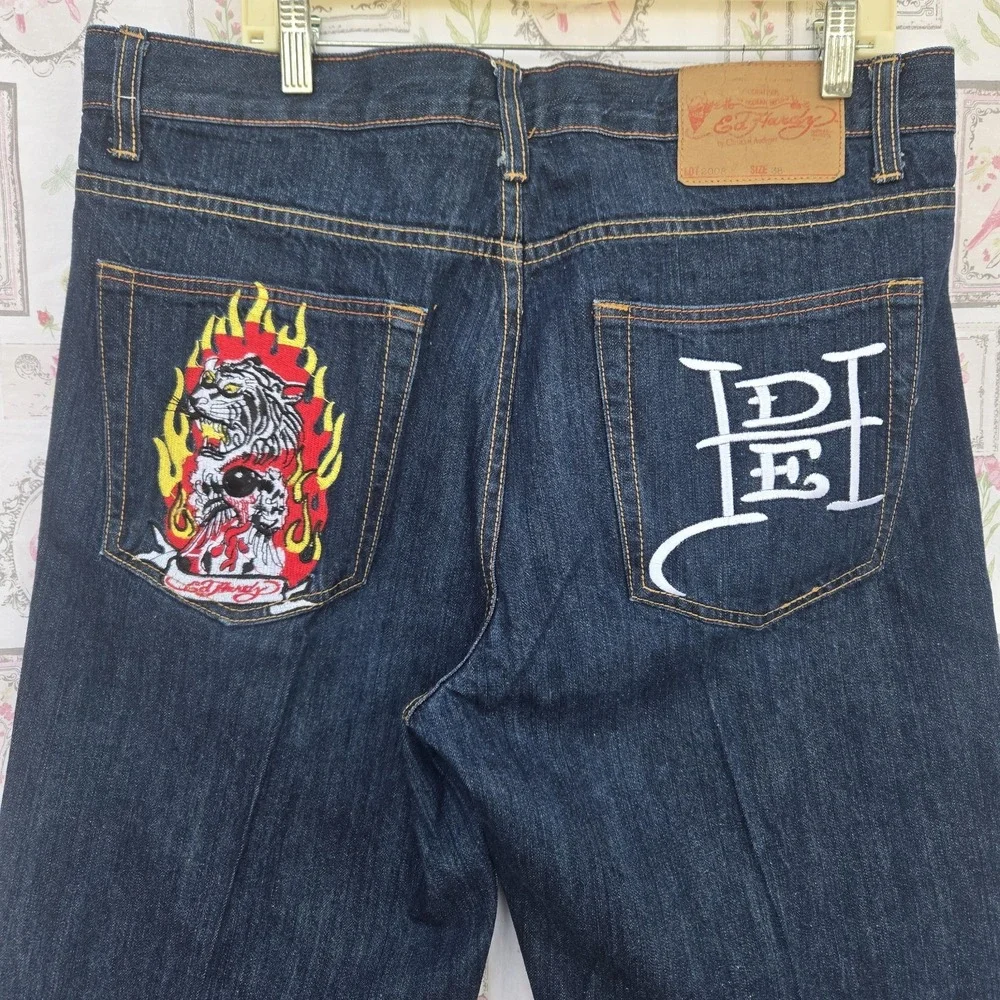 Rare Vintage Ed Hardy Christian Audigier Tiger In Flames Embroidered Jean 38x34
